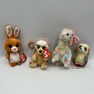 Ty Beanie Babies Bundle of 4 Easter Bunny Hedge Hog Llama Keychain